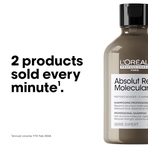 L'Oréal Professionnel Absolut Repair Molecular Sulfate-Free Deep Repairing Shampoo for Damaged Hair - 300 ml | Repairs Very Damaged Hair and Restores Strength With 2% Peptides Bonder & 5 Amino Acids