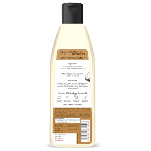 Soulflower Extra Virgin Coconut Oil | Clinically Proven for Hair Growth, Moisturizer, Damage Repair, Anti-Frizz, Baby & Body Massage | 100% Pure, Ecocert Organic Certified, No Mineral Oil, 120ml