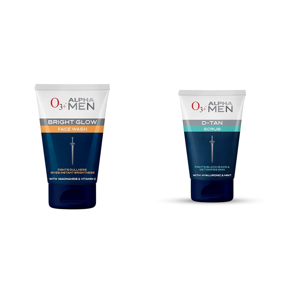 O3+ ALPHA MEN Bright Glow Face Wash 100g & O3+ ALPHA MEN Acno D-TAN Scrub With Hyaluronic & Mint 50ml - Detan Scrub for TAN removal | Fights Blackheads & Detoxifies Skin