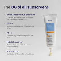 RE' EQUIL Ultra Matte Dry Touch Sunscreen | SPF 50 PA++++ | Water & Sweat Resistant | No White Cast, Non-Greasy & Non-Comedogenic | For All Skin Types | 50G