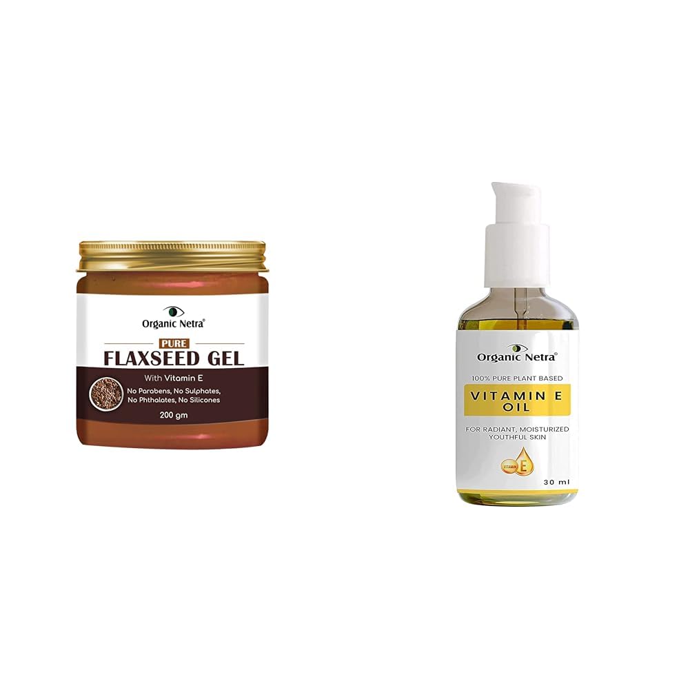 Organic Netra Pure Flaxseed Gel 200g and Organic Netra 100% Pure Plant Based Vitamin E Oil For Radiant, Moisturized Youthful Skin -30 ml.
