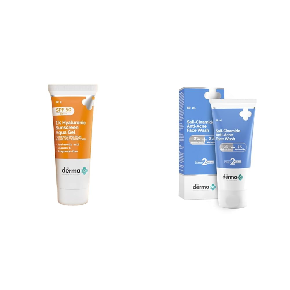 The Derma Co 1% Hyaluronic Sunscreen SPF 50 Aqua Gel, PA++++, Lightweight & The Derma Co Sali-Cinamide Anti-Acne Face Wash with 2% Salicylic Acid & 2% Niacinamide - 80ml