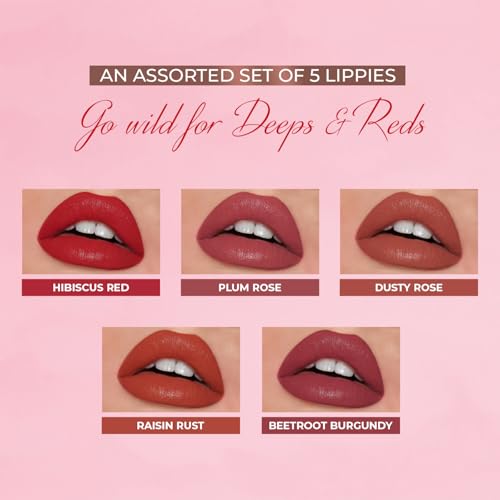 Just Herbs Ayurvedic Liquid Lipstick Kit Set of 5 with Long Lasting Matte Finish, Hydrating & Lightweight Lip Colour, Deeps & Reds - Paraben & Silicon Free - 5 ml