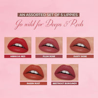 Just Herbs Ayurvedic Liquid Lipstick Kit Set of 5 with Long Lasting Matte Finish, Hydrating & Lightweight Lip Colour, Deeps & Reds - Paraben & Silicon Free - 5 ml