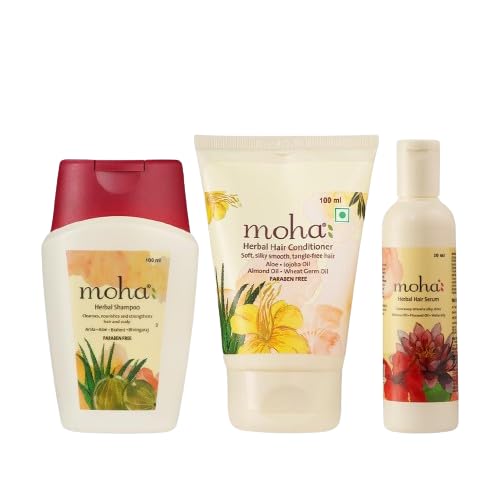 moha: Herbal Hair Shampoo | Mild Shampoo For All Hair Types 100 ml, Herbal Hair Conditioner 100 ml Herbal Hair Serum For Men & Women 30 Ml | Non-Sticky Silky Smooth, Tangle-Free Hair Pack of 3