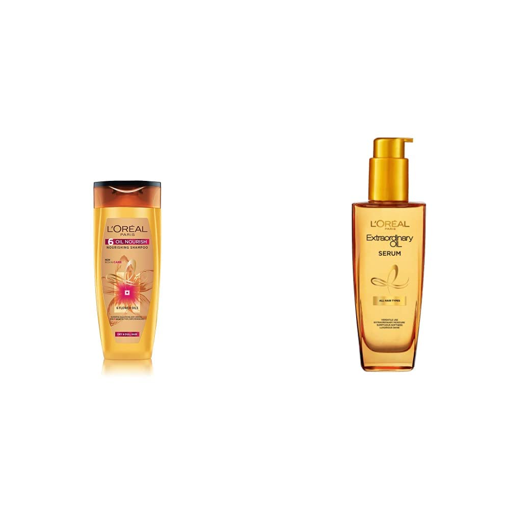 L'Oreal Paris 6 Oil Nourish Shampoo, 360ml (With 10% Extra) and L'Oreal Paris Extraordinary Oil Hair Serum for Women & Men, 100 ml