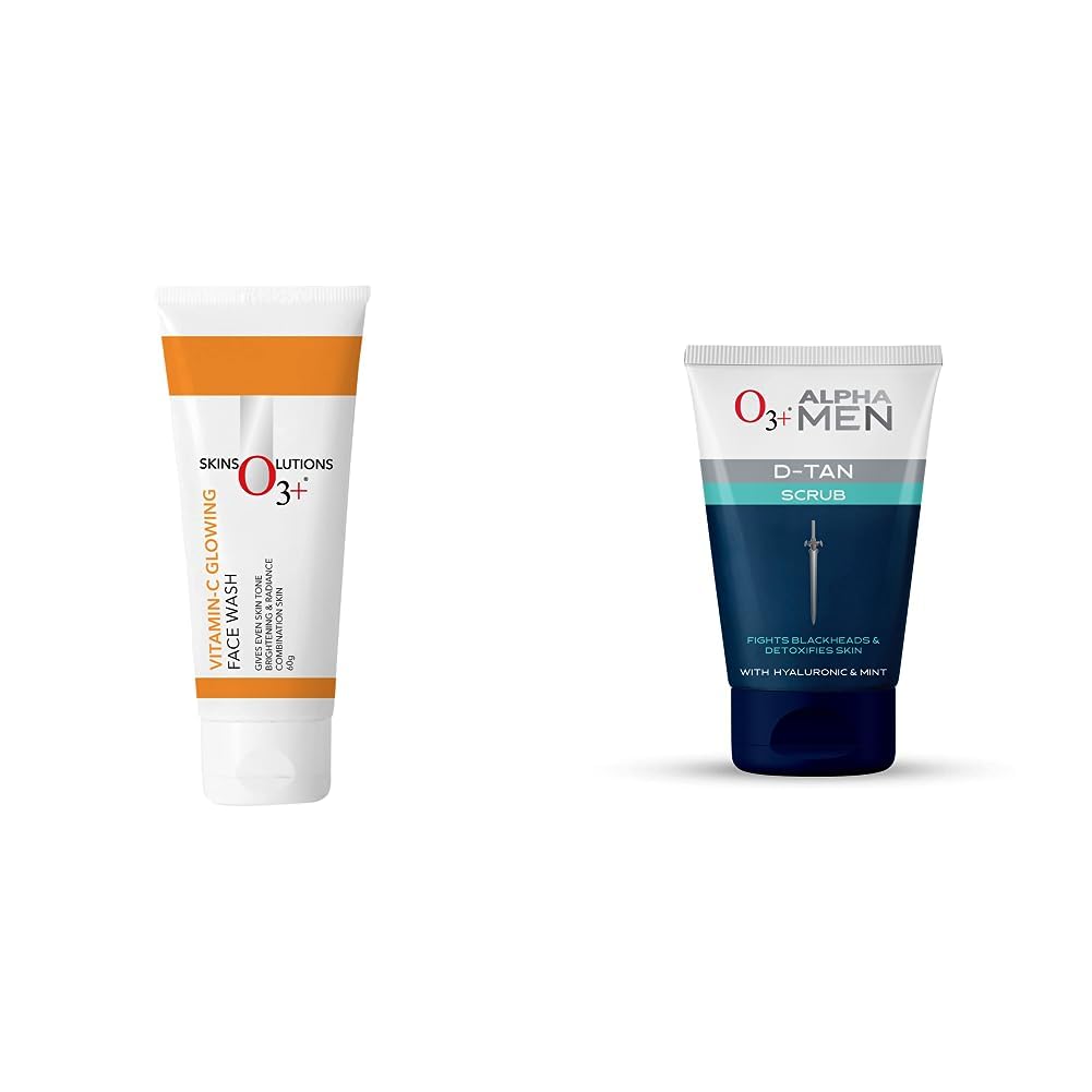 O3+ Vitamin C Face Wash Glow For Daily Brightening & Gentle Cleansing 60g & O3+ ALPHA MEN Acno D-TAN Scrub With Hyaluronic & Mint 50g - Detan Scrub for TAN removal Combo