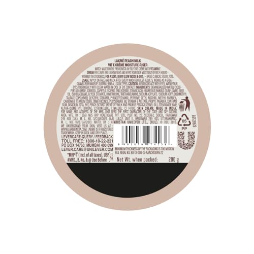 LAKMÉ Peach Milk Soft Crème Moisturizer for Face 200 g|| Daily Lightweight Whipped Cream with Vitamin E for Soft|| Glowing Skin - Non Oily 24h Moisture