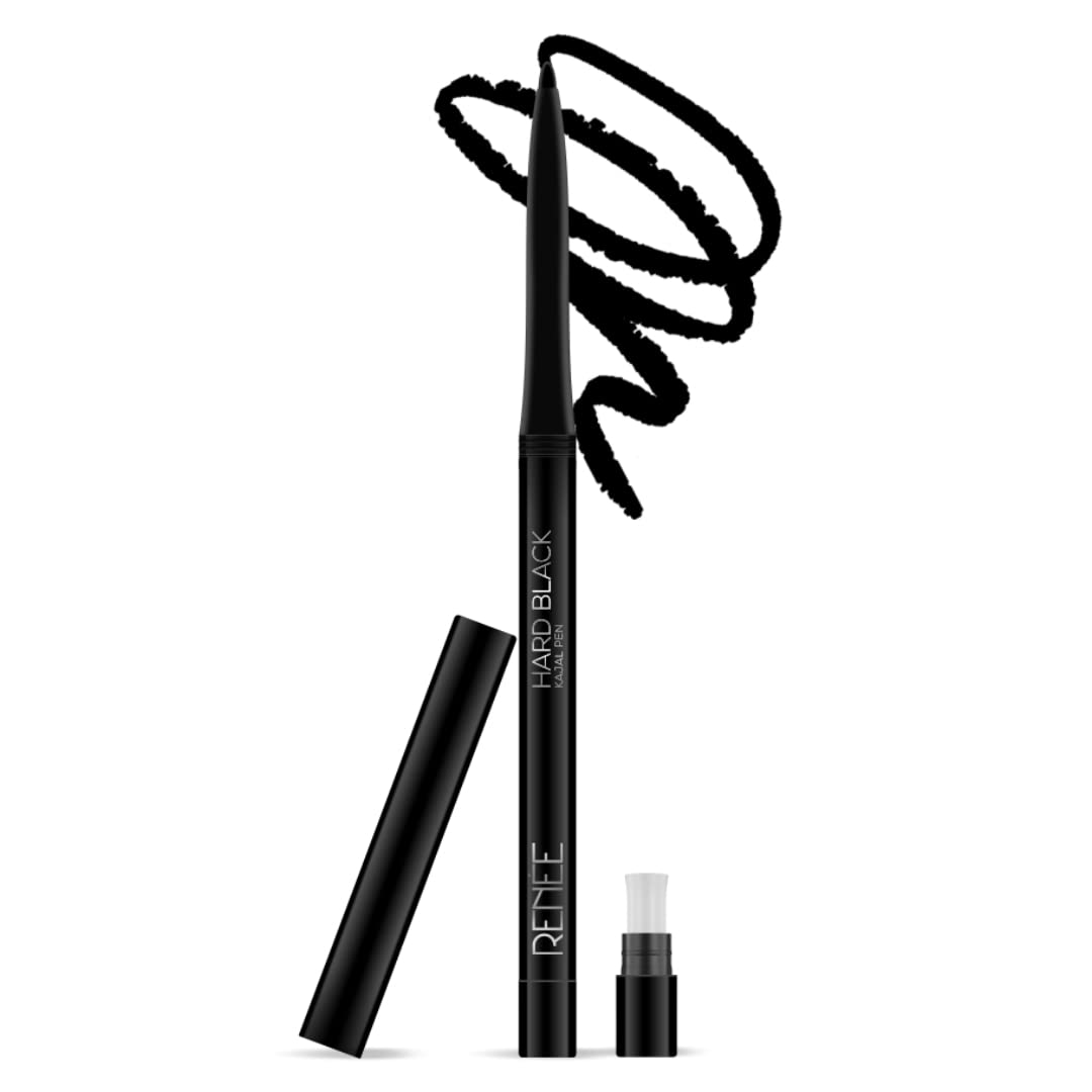 RENEE Hard Black Kajal Pen with Sharpener, 24 Hrs Stay Long Lasting Super Black Kajal Pencil 0.35gm, Matte Finish, Rich Color Payoff, Smudge & Water Proof with One Swipe Application Formula