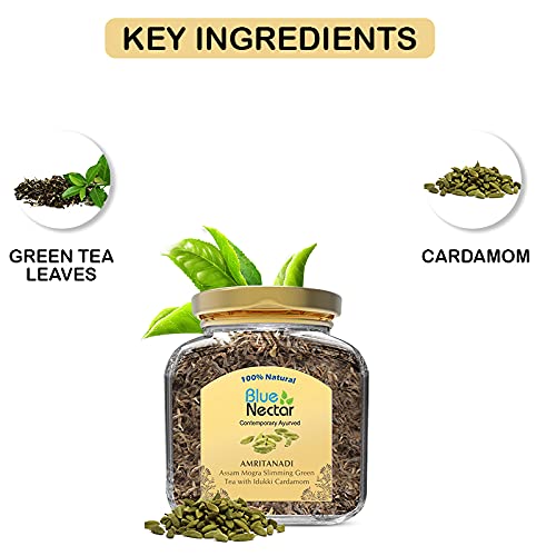 Blue Nectar Cardamom Loose Green Tea Leaves for Weight Management & Skincare | Authentic Green Tea with Kerala Idukki Cardamom | Eco Friendly Glass Jar (50 gm + 15 gm Free)