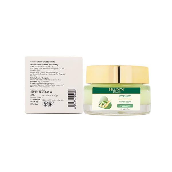 Bella Vita Organic EyeLift Hydrating Natural Under Eye Cream Gel for Dark Circles, Puffy Eyes, Wrinkles & Removal of Fine Lines for Women & Men, 20 gm (Pack of 2)