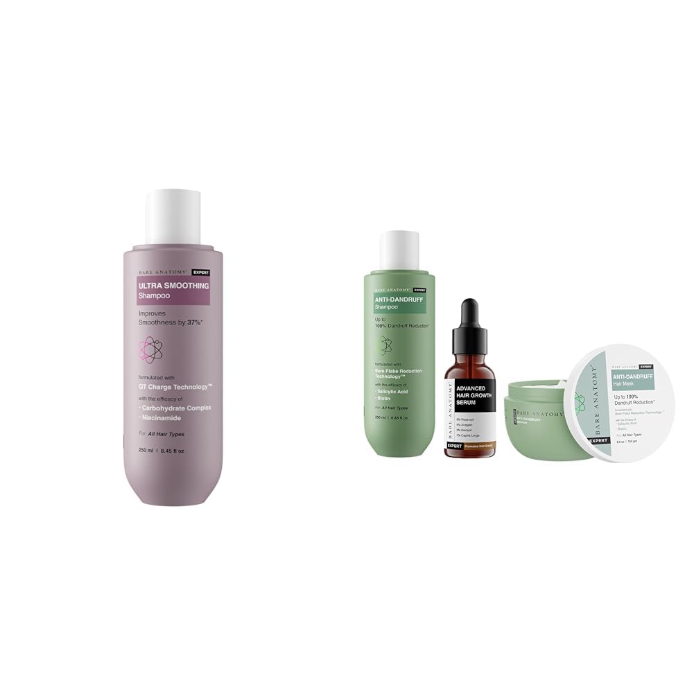 Bare Anatomy Ultra Smoothing Shampoo for Dry and Frizzy Hair | SLS & Paraben Free | Vegan | For Men & Women | 250ml Expert Anti-Dandruff Shampoo + Mask for Women & Men