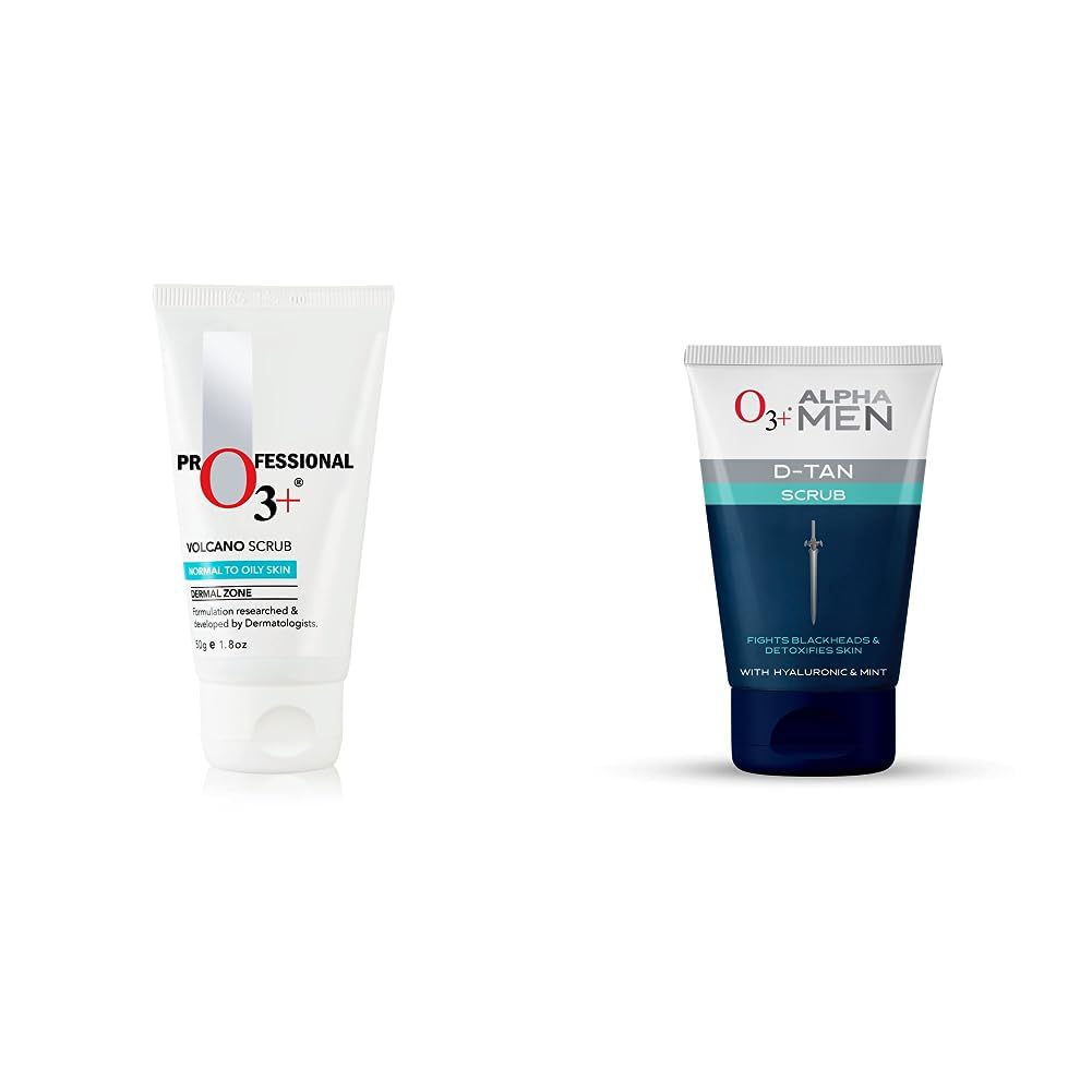 O3+ Volcano Scrub (50G) & O3+ ALPHA MEN Acno D-TAN Scrub With Hyaluronic & Mint 50g - Detan Scrub for TAN removal Combo