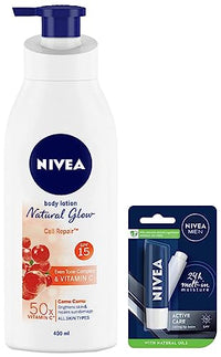 NIVEA Body Lotion, Extra Whitening Cell Repair SPF 15, For All Skin Types, 400ml And NIVEA Men Lip Care, Active Care Lip Balm, SPF 15, 4.8g