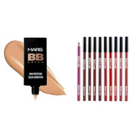 MARS BB Cream Lightweight Foundation | Blendable BB Cream for Women(30 ml) (Tan) Matte Lip Liner Set of 10 | One Swipe Smooth Application | Long Lasting Lip Pencil | Multicolor (1.4g x 10)