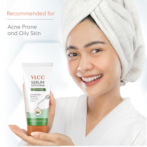 VLCC Oil Defense Scrub with Salicylic Acid Serum - 150g - Green Tea & Rice | Oil Controlling & Exfoliating Scrub. Controls Oiliness, Reduces Blackheads, & Whiteheads | Suitable for All Skin Types