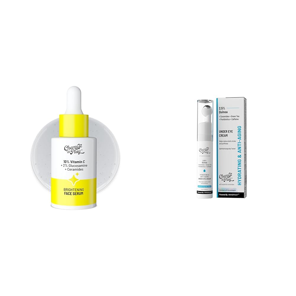 Chemist At Play 10% Vitamin C Face SerumFor All Skin Types 30ml + Under Eye Cream with 2% Revital Eye & Quinoa Extract Cooling Gel & Roller for Men & Women | 15 g