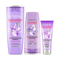 L'Oreal Paris Hyaluron Moisture 3-step Ultimate Hydration kit - Shampoo (340ml) + Conditioner (360 ml) + Night Cream (180 ml)