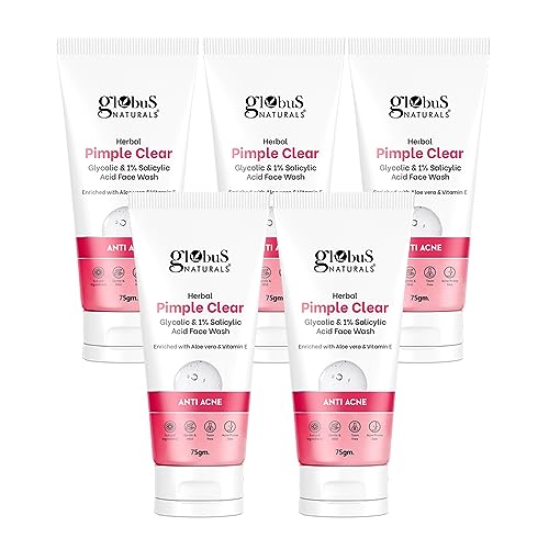 Globus Naturals Herbal Pimple Clear Glycolic & 1% Salicylic Acid Face Wash, Enriched With Orange & Almond, For Oily & Acne Prone Skin, 75 gm (Pack of 5)