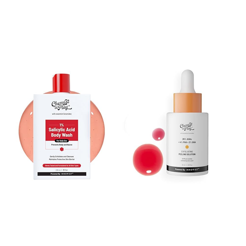 Chemist At Play 1% Salicylic Acid Body Wash 236ml Prevents Body Acne, Bumpy Skin & Deep Cleanses Skin + 26% AHA 2% BHA 4% PHA Peeling Solution Derma Tested | 30mL