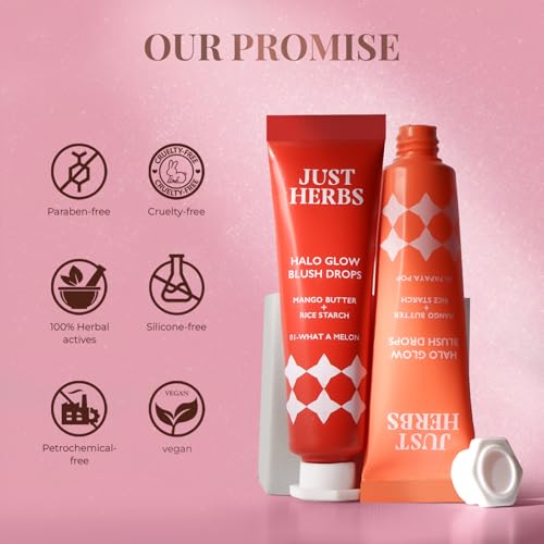 Just herbs Halo Glow Drop Blush Mango Butter + Rice Starch, Weightless Creamy Liquid Blush 10 ml (Strawberry Dip)