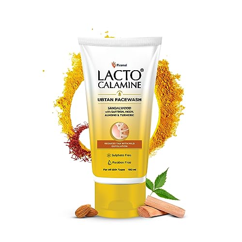 Lacto Calamine Ubtan Face Wash for Glowing Skin | Natural Face Wash with Sandalwood, Saffron, Neem, Almond & Turmeric | Exfoliating Facewash reduces Tan | Sulphate, Paraben Free | 100 ml Pack of 1