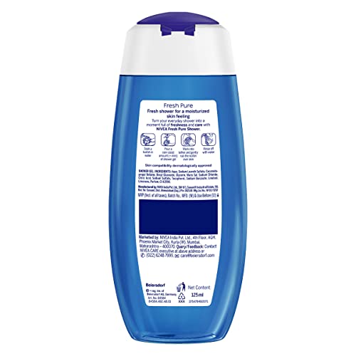 NIVEA Fresh Pure 125 ml Body Wash| Shower Gel with Sea Minerals and Care Oil | Pure Glycerin for Instant Soft & Summer Fresh Skin|Microplastic Free |Clean, Healthy & Moisturized Skin