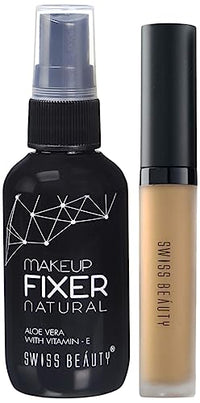 SWISS BEAUTY Fixer Natural Aloe Vera with Vitamin-E Face MakeUp, White, 50ml and Professional Liquid Concealer, Warm Sand, 5.6g