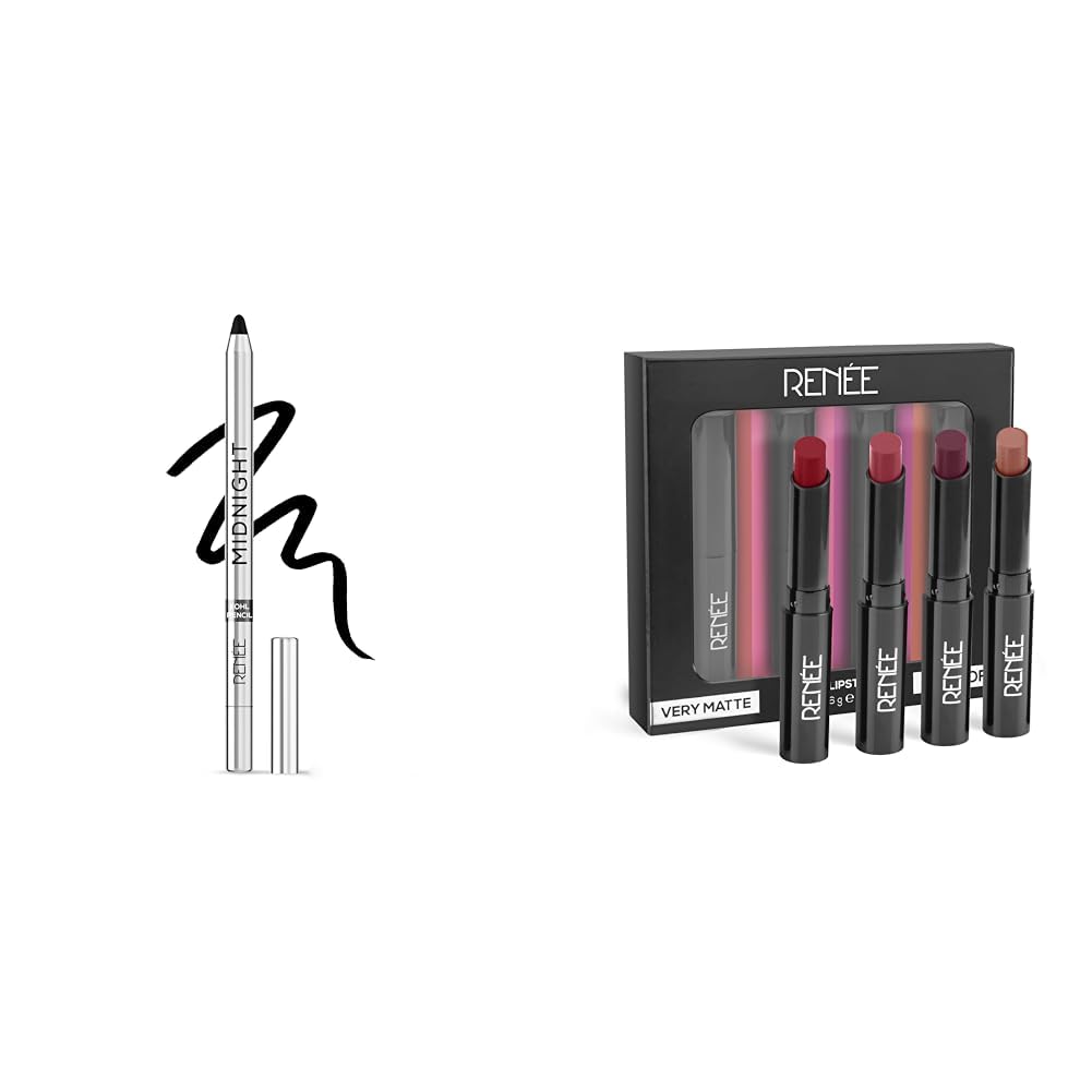 RENEE Midnight Kohl Pencil - Smudgeproof And Waterproof Kajal - 1.5Gm And Renne Very Matte - Pack Of 4 Matte Lipsticks | Intense Color Pay Off, Multicolor