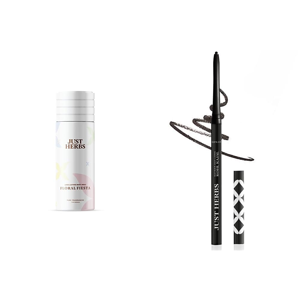 Just Herbs Unisex Long Lasting- Amber Phthalate-Free Formula Spray,150 Ml (Floral Fiesta) & Retractable 2 In 1 Herbal Eyeliner + Kajal - Black 0.3G Combo