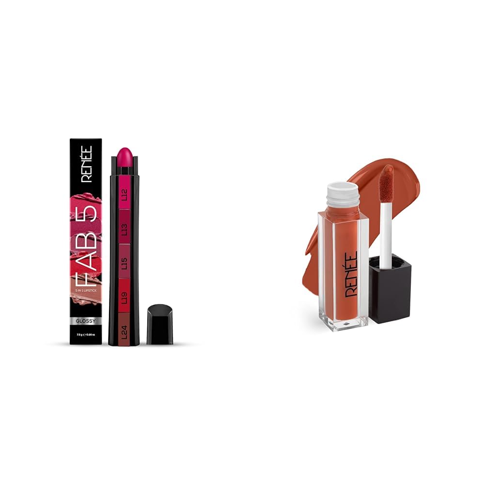 RENEE FAB 5 Glossy 5 in 1 Lipstick 7.5 Gm & RENEE Stay With Me Mini Matte Lip Color, Long Lasting, Non Transfer, Water & Smudge Proof