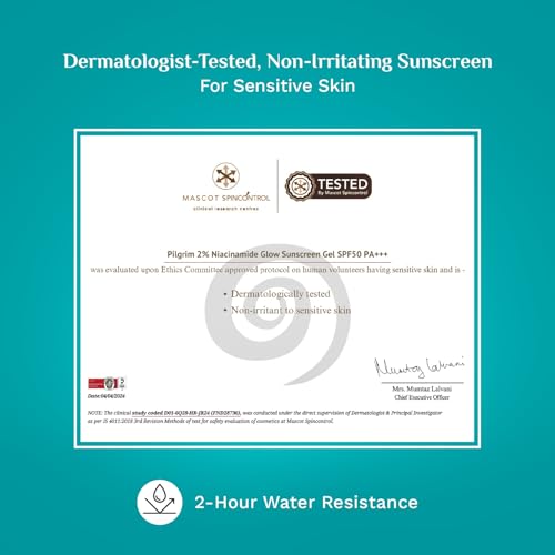 Pilgrim 2% Niacinamide Glow Sunscreen SPF 50 +++ for men and women with Spanish Squalane | Enhances Glow, Broad spectrum, Non-greasy, No white cast & Prevents Tanning | All skin types | 50 gm