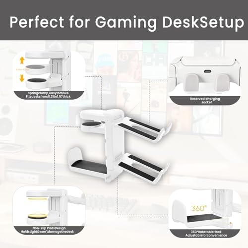 Rotating Headphone Stand with 360° Swivel - Adjustable Clamp - on Under Desk Headset Holder, Universal Gaming & Office Headphone Hanger (White)
