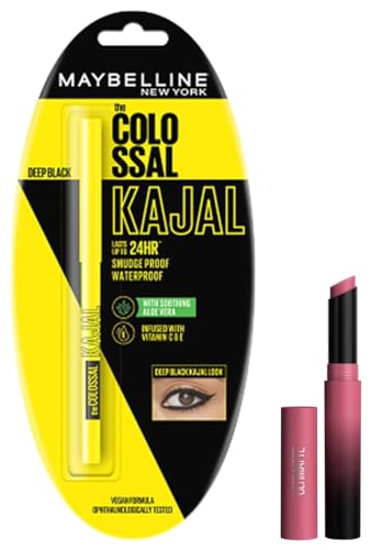 Maybelline New York Lipstick, Color Sensational Ultimattes, 599 More Mauve, 1.7 g & Maybelline New York Colossal Kajal, Intense Colour, Waterproof, Long lasting 24Hrs Stay, Black, 0.35g