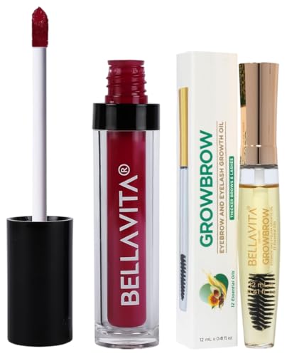 Bella Vita Organic Kiss-Proof Liquid Lipstick | 4.5 ml | Pink Pout Growbrow - Eyelash, Lashes & Eyebrows Hair Growth & Volume Serum With Castor, Onion Oil & Vitamin E, 12 ML
