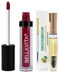 Bella Vita Organic Kiss-Proof Liquid Lipstick | 4.5 ml | Pink Pout Growbrow - Eyelash, Lashes & Eyebrows Hair Growth & Volume Serum With Castor, Onion Oil & Vitamin E, 12 ML