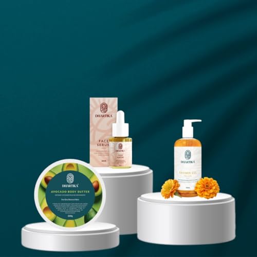 Radiance & Care Combo – Dhartika Face Serum + Avocado Body Butter + Gold Glow Shower Gel | Brightening, Deep Moisturizing & Nourishing Skincare Set | Glowing & Youthful Skin | For All Skin Types | Unisex