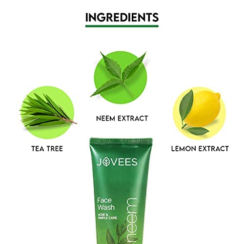 Jovees Herbal Neem Face Wash For Clear Skin with Neem & Tea Tree Ext | Gentle For Acne-Prone Skin | Controls Oil, Pimples and Dark Spots | Acne Control Cleanser For All Skin Type - 120ml (pack of 3)