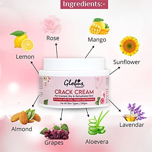 Globus Naturals Crack Cream for Dry Cracked Heels & Feet, Enriched with Aloevera, Grapes, Rose, Almonds, Lavender, 100g