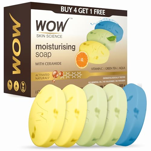WOW Skin Science Moisturising Soaps with Ceramide | Vitamin C, Green Tea, Aqua | Long-Lasting Moisturisation | No Paraben Soaps | Pack of 5 | 500g
