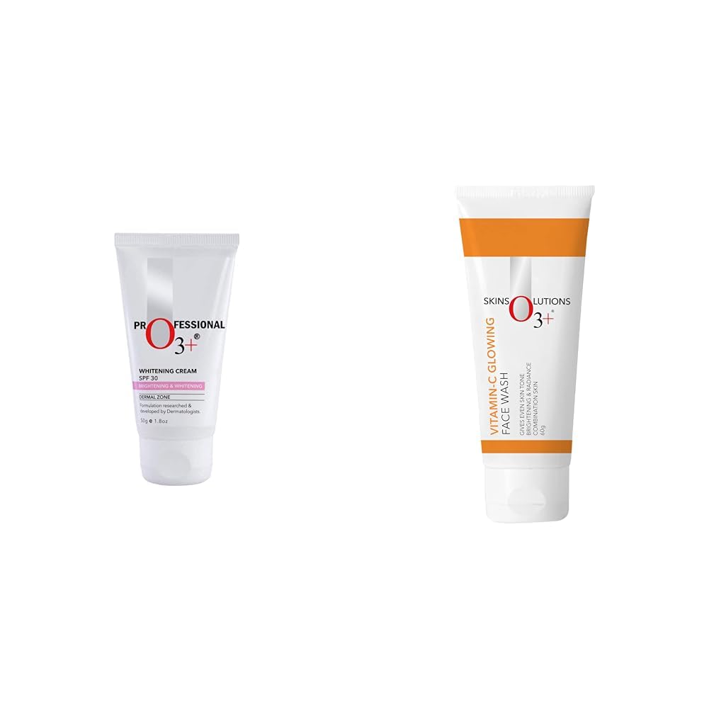 O3+ Whitening Face Cream SPF 30 Sunscreen for Skin Brightening & O3+ Vitamin C Face Wash Glow For Daily Brightening & Gentle Cleansing 60g Combo