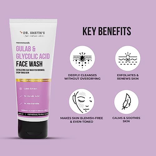 Dr. Sheth's Gulab & 1% Glycolic Acid Face Wash For Normal To Oily Skin | Daily Brightening Face Cleanser for Even Toned Skin | Exfoliating Face Wash for Men & Women | 100ml