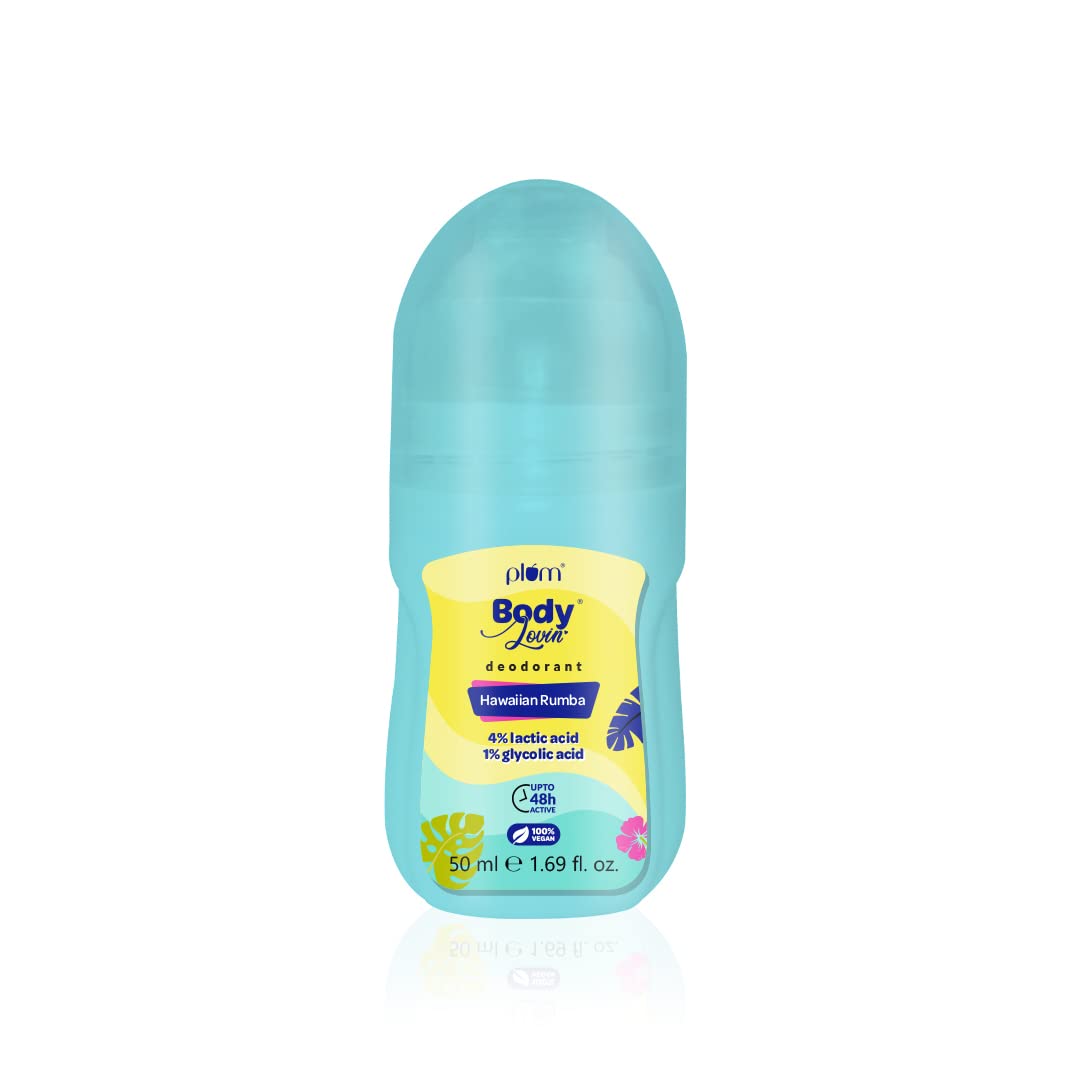 Plum BodyLovin' Hawaiian Rumba Deodorant Roll On | 4% Lactic Acid & 1% Glycolic Acid | Controls Odor & Fades Underarm Darkness | 48 Hr Freshness | Fresh Beachy Fragrance | Aluminium-Free (50 ml)