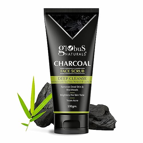 Globus Naturals Charcoal Face Scrub Enriched with Tea Tree, Retinol & Lactic Acid for Exfoliation, Acne & Blackhead Removal, 100 gm