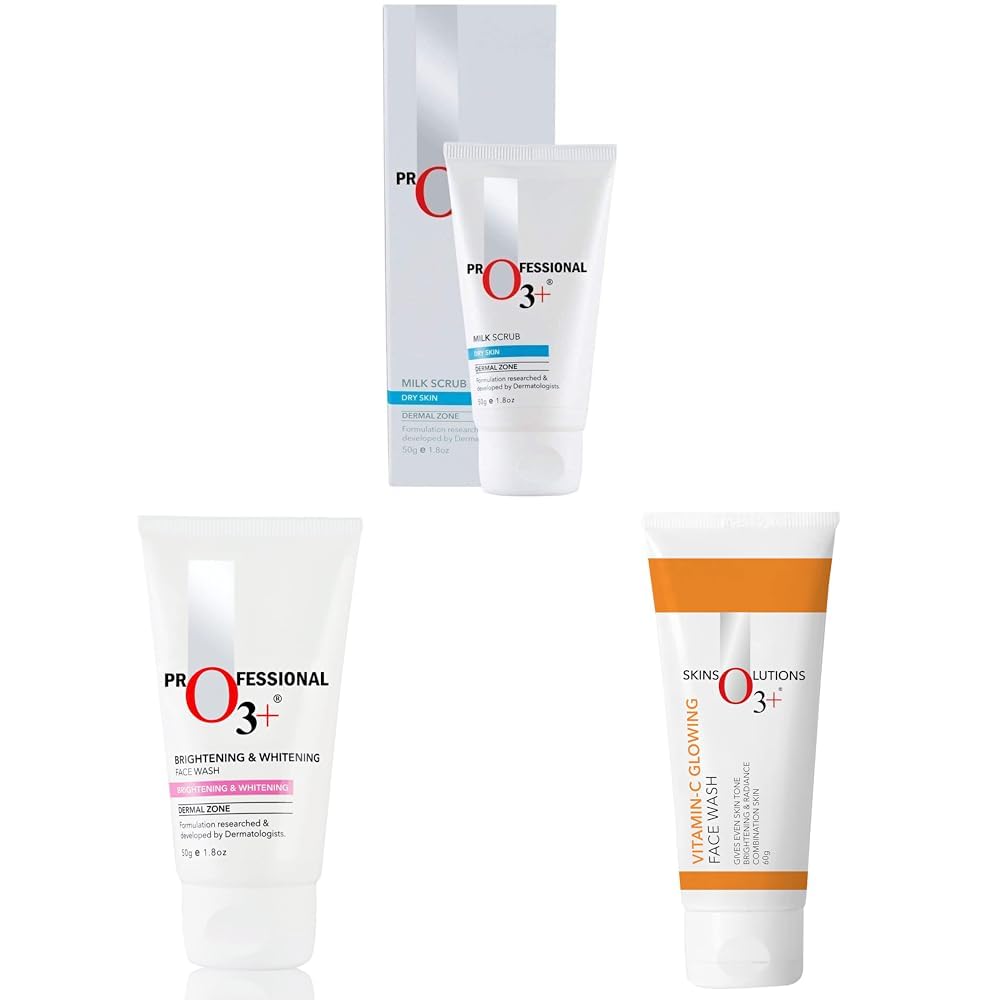 O3+ Milk Scrub Enriched with Macadamia Nuts Extracts for Clean & O3+ Brightening and Whitening Face Wash, 50g & O3+ Vitamin C Face Wash Glow For Daily Brightening & Gentle Cleansing 60g