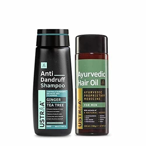 Ustraa Ayurvedic Hair Oil 200ml - with 8 Natural Herb extracts, With Red Onion,Bhringaraj, Amla & Neem | & Anti-Dandruff Shampoo 250ml - With Climbazole, Ginger & Tea Tree Oil, Controls Dandruff