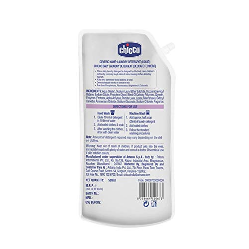 Chicco Baby Liquid Laundry Detergent, 5X Stain & Germ Fighter, Kills 99% of Germs, Dermatologically Tested, Effective & Gentle Cleaning, Delicate Flowers, Refill Pack (500 ML)