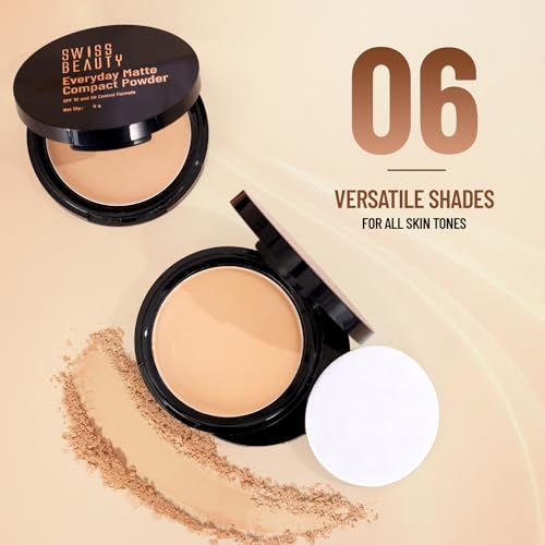 SWISS BEAUTY Everyday Matte Lightweight Compact With Spf 10 For All Skin Types | 12 Hours Of Oil Control | Mattifies Pores And Fine Lines | Comes With Sponge Applicator | Shade- 02 Beige, 9g