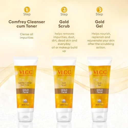 VLCC Gold Facial Kit with FREE Rose Water Toner - 300g + 100ml | 24K Colloidal Gold And Aloe Vera At Home Facial Kit | Bright & Radiant Complexion, Skin Cell Regeneration | Instant Glow Facial.