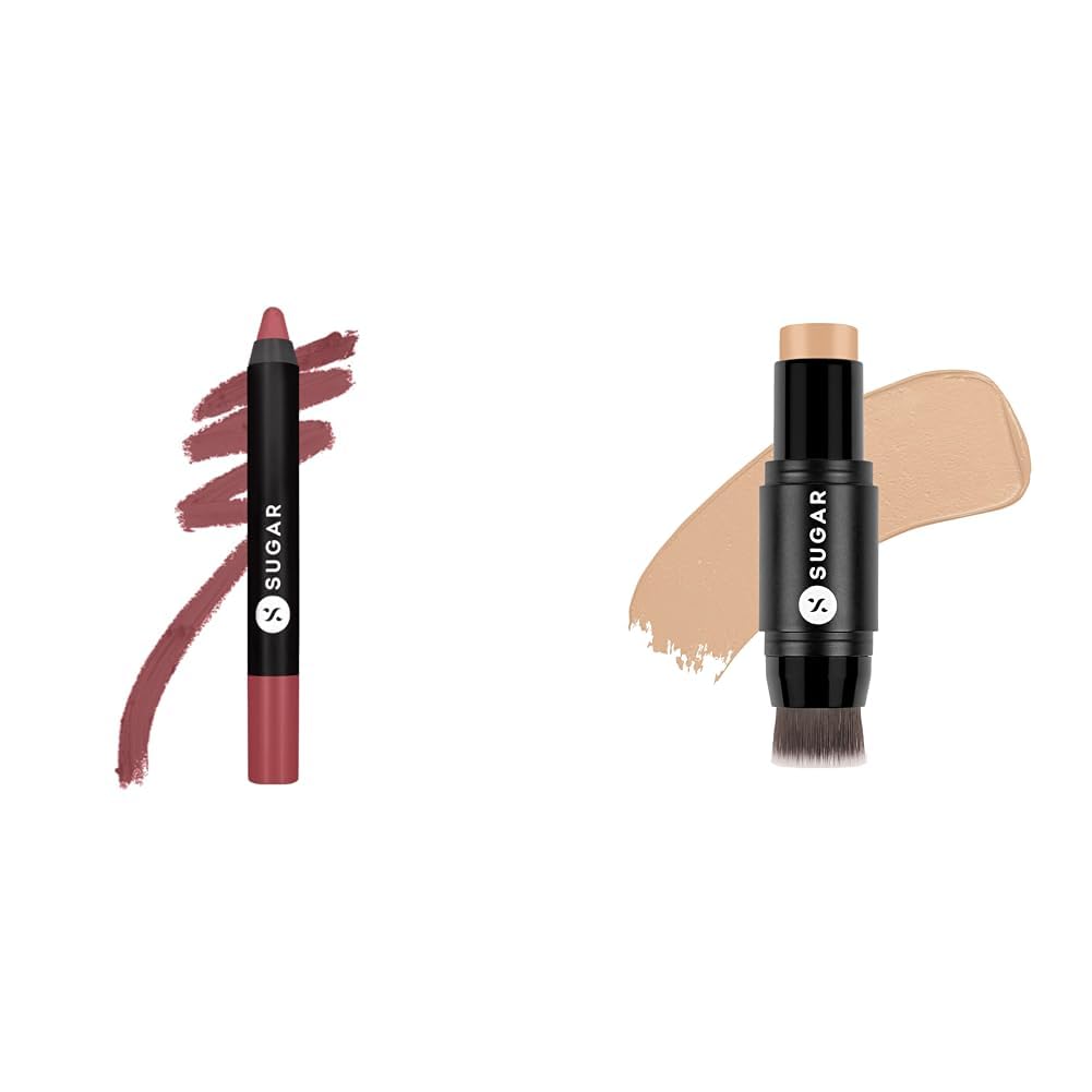 SUGAR Cosmetics - Matte As Hell - Crayon Lipstick -07 & Sugar Ace Of Face Foundation Stick With Brush, Full Coverage, For All Skin Type